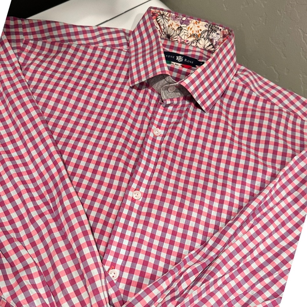 Stone Rose Gingham Button Down Shirt Pink Floral Trim Cotton Men's Size 3 Medium